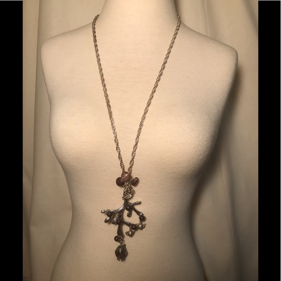 Jewelry - Rare silver-tone branch and twigs w 3 teapots dangling w purple beads on tips